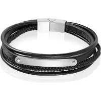 Mendes Heren Armband Zwart Leer Edelstaal ID Graveerplaat Zilverkleurig-21cm