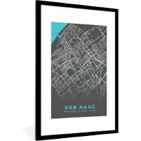 PosterMonkey Fotolijst incl. Poster - Stadskaart - Den Haag - Grijs - Blauw - 80x120 cm - Posterlijst - Plattegrond