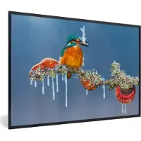 PosterMonkey Fotolijst incl. Poster - IJsvogel - Tak - Vis - 60x40 cm - Posterlijst