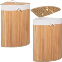Springos Hoek Wasmand | Bamboe | Met Deksel | 73 L | Met Stoffen Waszak | Wasmand Driehoek | Naturel