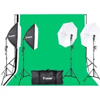Travor fotostudio lampenset – greenscreen en paraplu set – 2x softbox – 2x paraplu – 3 verschillende kleuren doek – inclusief lampen
