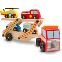 Melissa & Doug Houten vrachtwagen met reddingsvoertuigen - 1 vrachtwagen en 4 reddingsvoertuigen