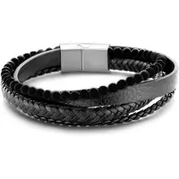 Frank 1967 7FB-0541 Leren Armband - Heren - 4 Strengen - Gevlochten leer - Zwart Agaat Kralen - 4 mm Doorsnee - Leder - 21 cm - Extra Schakel in Slot - Zwart - Zilverkleurig