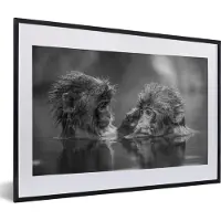 PosterMonkey Fotolijst incl. Poster Zwart Wit- Twee apen vrienden in het water - zwart wit - 60x40 cm - Posterlijst