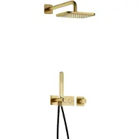 Hotbath Gal IBS41 inbouw regendoucheset met staafhanddouche aan houder en 22cm vierkante hoofddouche aan 35cm wandarm geborsteld messing PVD