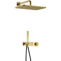 Hotbath Gal IBS41 inbouw regendoucheset met staafhanddouche aan houder en 27x40cm rechthoekige hoofddouche aan 35cm wandarm geborsteld messing PVD