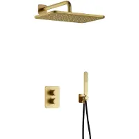 Hotbath Gal IBS40A inbouw regendoucheset met staafhanddouche aan houder en 27x40cm rechthoekige hoofddouche aan 35cm wandarm geborsteld messing PVD