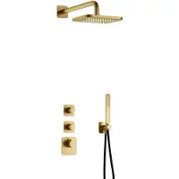 Hotbath Gal IBS40 inbouw regendoucheset met staafhanddouche aan houder en 22cm vierkante hoofddouche aan 35cm wandarm geborsteld messing PVD