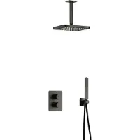 Hotbath Gal IBS40A inbouw regendoucheset met staafhanddouche aan houder en 22cm vierkante hoofddouche aan 15cm plafondarm geborsteld gunmetal PVD