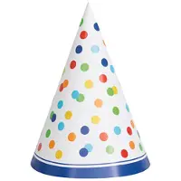 Unique Party Supplies - 8 feestmutsen Happy Birthday kleurrijke stippen van karton met elastiek