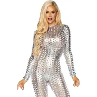 Leg avenue Laser Cut Metallic Catsuit (Zilver)
