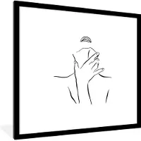 PosterMonkey Fotolijst incl. Poster - Abstracte line art van een vrouw met een hand op haar nek vierkant - 40x40 cm - Posterlijst