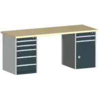 Bott werkbank, stalen frame, koper beuken werkblad, B 2000 x D 750 x H 840 mm, 7 laden, 1 deur, antraciet grijs/lichtgrijs/rood beuken