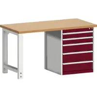 Bott cubio werkbank, met ladekast, stalen frame, rood beukenhouten blad 40 mm, B 1500 x D 750 x H 840 mm, 1200 kg, paars RAL 3004/lichtgrijs RAL 7035