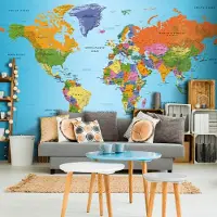 Karo-art 392cm X 280cm - Zelfklevend fotobehang - wereldkaart, Kleurrijke Geografie, Erg leerzaam, premium print
