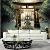 Karo-art 392cm X 280cm - Zelfklevend fotobehang - Boeddha voor een Waterval, premium print, 8 maten, geen lijm nodig, instructie bijgesloten, water- en UV bestendig