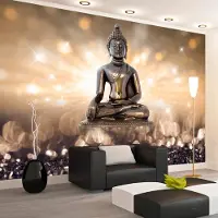 Karo-art 392cm X 280cm - Zelfklevend fotobehang - Gouden verlichting, Boeddha, premium print, Inspiratie, water - en UV bestendig, geen behangtafel nodig, instructie bijgevoegd