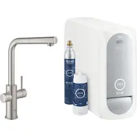 GROHE Blue Home 1-gats keukenkraan m. duo L-uitloop uittrekbaar starterkit m. Wifi bluetooth Chilled & Sparkling 3x gekoeld + 3x bruisend water supersteel