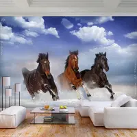 Karo-art 196cm X 140cm - Zelfklevend fotobehang - Wilde paarden in de sneeuw, premium print