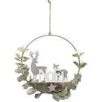 Atmosphera Kersthanger Kerstkrans Metaal met Hert en bambi met groene besneeuwde blaadjes en de tekst Noël Ø28cm