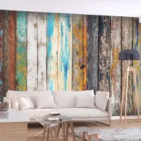 Karo-art 392cm X 280cm - Zelfklevend fotobehang - Houten Regenboog, Planken, Premium Print