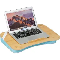 Relaxdays Bamboe laptopkussen met traagschuim - Antislip handvat - BxD 51 x 36 cm - Natuur/blauw