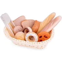 Woet Houten Broodmandje Speelset - Diverse Broodjes & Gebak in Mandje met Tang - Rollenspel Bakkerswinkel - Speelgoedkeuken Accessoires voor Kinderen - Vanaf 2 Jaar