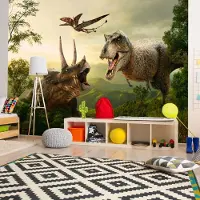Karo-art 245cm X 175cm - Zelfklevend fotobehang - Dinosaurus in het bos, groen/bruin, 8 maten, Premium Print, geen lijm nodig, instructie bijgesloten, water- en UV bestendig