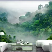 Karo-art 294cm X 210cm - Zelfklevend fotobehang - Ochtend mist in bos , Premium Print