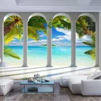 Karo-art 98cm X 70cm - Zelfklevend fotobehang - Zee achter de pilaren , Premium Print