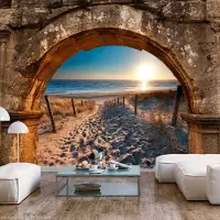 Karo-art 441cm X 315cm - Zelfklevend fotobehang - Strand door een boog , Premium Print