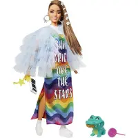 Barbie Extra Poppen & Accessoires met Lang Brunet Haar en Bling Clips in Multi-Kleurige Jurk met Huisdier Krokodil