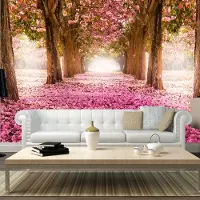 Karo-art 147cm X 105cm - Zelfklevend fotobehang - Roze pad van bloemen door een bos , Premium Print