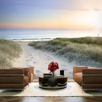Karo-art 196cm X 140cm - Zelfklevend fotobehang - Ochtend wandeling op het strand , Premium Print