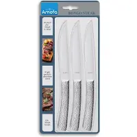 Amefa Bongo – 3-delige Steakmessenset – Vlijmscherp – Micro-Serration – 13/0 Gehard Messenstaal – Gehamerd – Veilige Cadeauverpakking