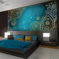 Karo-art 441cm X 315cm - Zelfklevend fotobehang - Turquoise Orient , Bladeren , Premium Print