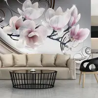 Karo-art 245cm X 175cm - Zelfklevend fotobehang - Schoonheid van Magnolia, roze/wit/grijs, 8 maten, premium print, geen lijm nodig, instructie bijgesloten, water- en UV bestendig