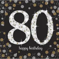 Amscan Servetten 80 jaar - 32x stuks - zwart - 33 x 33 cm - confetti - luxe - verjaardag