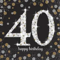 Amscan Servetten 40 jaar - 48x stuks - zwart - 33 x 33 cm - confetti - luxe - verjaardag