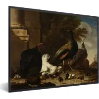 PosterMonkey Fotolijst incl. Poster - Een hen met pauwen en een kalkoen - Schilderij van Melchior d'Hondecoeter - 80x60 cm - Posterlijst