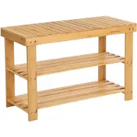 Songmics Schoenrek, schoenenkast met bankje, bamboe schoenbank met 3 planken, 70 x 28 x 45 cm ideaal voor hal, badkamer, woonkamer, gang, LBS04N