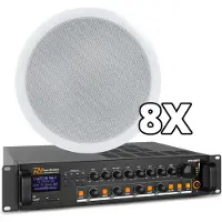 Power Dynamics 100V Bluetooth geluidsinstallatie met 8 plafondspeakers voor kantoor, praktijk, restaurant, etc. - 4 apart regelbare zones!