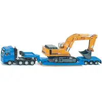 Siku 1847, MAN Vrachtwagen met Liebherr graafmachine, 1:87, metaal/kunststof, blauw/geel, ontkoppelbare aanhanger