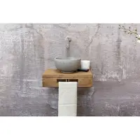 Saniclear Seba fonteinset met bruin eiken plank, grijze terrazzo waskom en chromen kraan voor in het toilet
