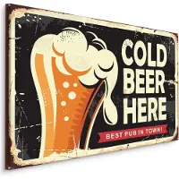 Karo-art Schilderij - Retro Bord, Cold Beer Here, Premium Print op canvas