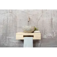 Saniclear Seba fonteinset met eiken plank, zwart-witte terrazzo waskom en RVS kraan voor in het toilet