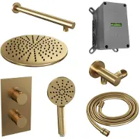 Brauer Gold Edition thermostatische inbouw regendouche 3-weg omstelling SET 32 met 30 cm douchekop en rechte muurarm en 3-standen handdouche en doucheslang en wandaansluitbocht goud geborsteld PVD