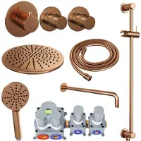 Brauer Copper Edition thermostatische inbouw regendouche SET 22 met 30 cm douchekop en gebogen muurarm en 3-standen handdouche en doucheslang en geïntegreerde glijstang koper geborsteld PVD