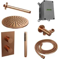 Brauer Copper Edition thermostatische inbouw regendouche 3-weg omstelling SET 30 met 30 cm douchekop en plafondarm en staaf handdouche en doucheslang en wandaansluitbocht koper geborsteld PVD