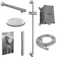 Brauer Chrome Edition thermostatische inbouw regendouche 3-weg omstelling SET 37 met 20 cm douchekop en rechte muurarm en staaf handdouche en doucheslang en geïntegreerde glijstang chroom